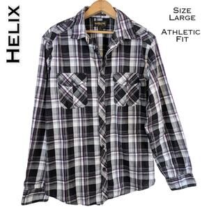 Helix Mens Button Down Shirt Large Athletic Fit Black Purple White Plaid Grunge